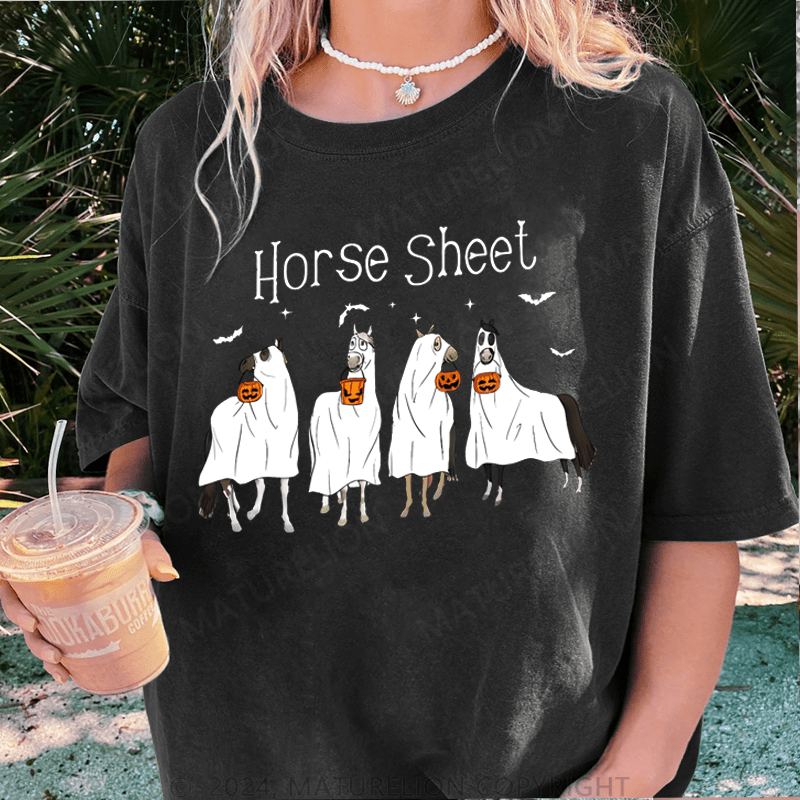 Maturelion Halloween Horse Sheet Ghost Horses Funny Halloween DTG Printing Washed Cotton T-Shirt