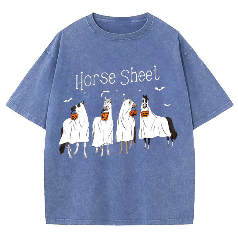 Maturelion Halloween Horse Sheet Ghost Horses Funny Halloween DTG Printing Washed Cotton T-Shirt