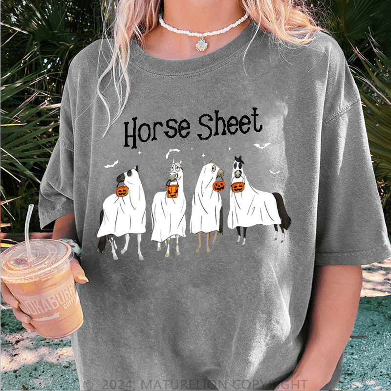 Maturelion Halloween Horse Sheet Ghost Horses Funny Halloween DTG Printing Washed Cotton T-Shirt