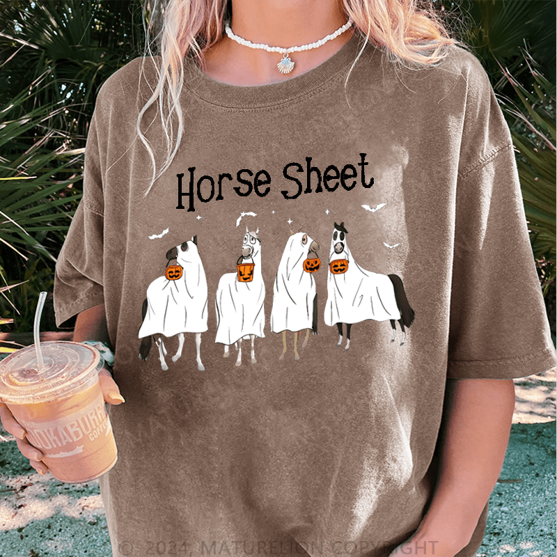 Maturelion Halloween Horse Sheet Ghost Horses Funny Halloween DTG Printing Washed Cotton T-Shirt