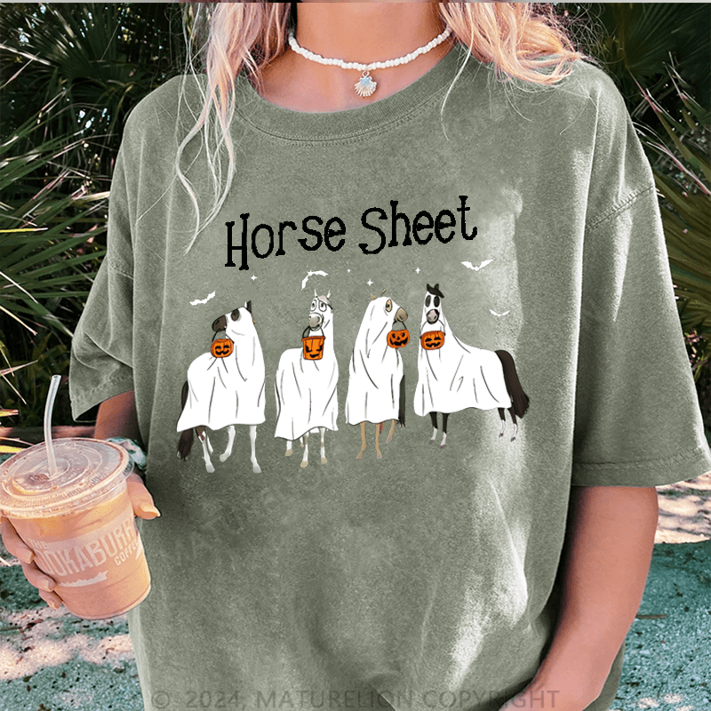 Maturelion Halloween Horse Sheet Ghost Horses Funny Halloween DTG Printing Washed Cotton T-Shirt