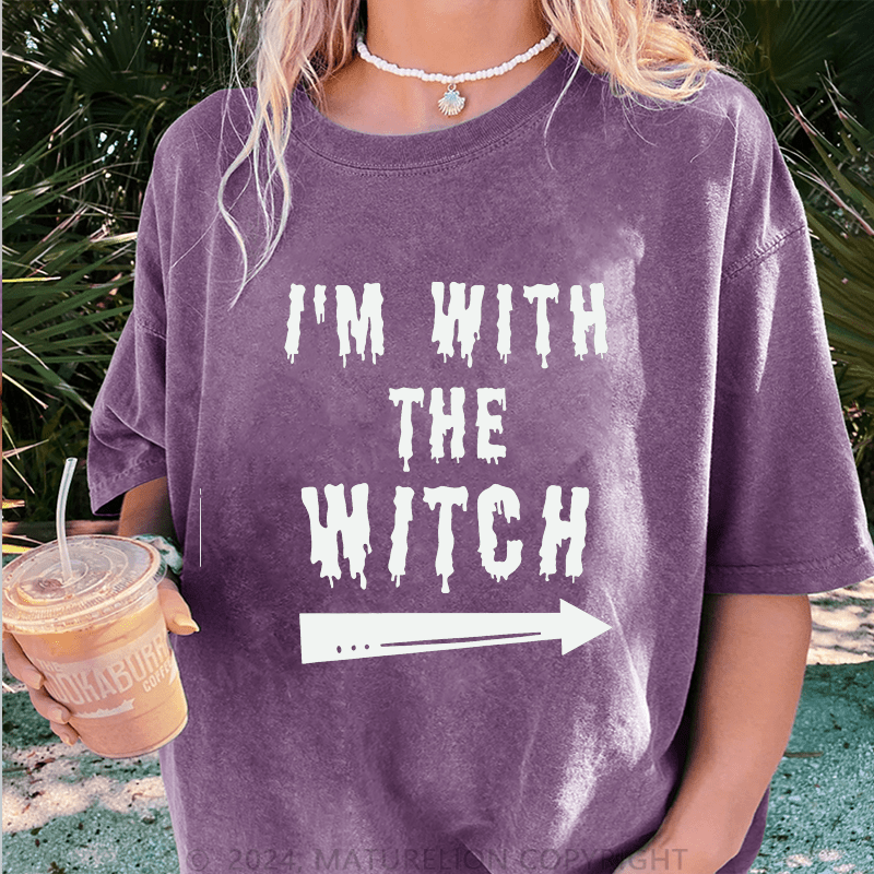 Maturelion Halloween I'm With The Witch DTG Printing Washed Cotton T-Shirt