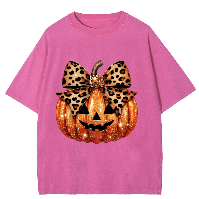 Maturelion Halloween Leopard Coquette Bow Pumpkin DTG Printing Washed Cotton T-Shirt