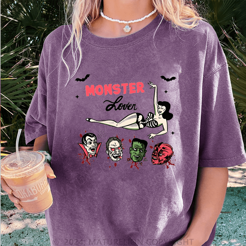 Maturelion Halloween Monster lover Halloween FUNNY DTG Printing Washed Cotton T-Shirt