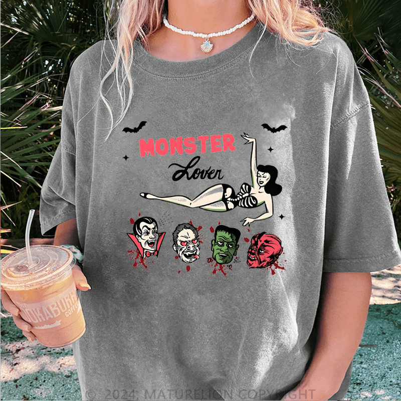 Maturelion Halloween Monster lover Halloween FUNNY DTG Printing Washed Cotton T-Shirt