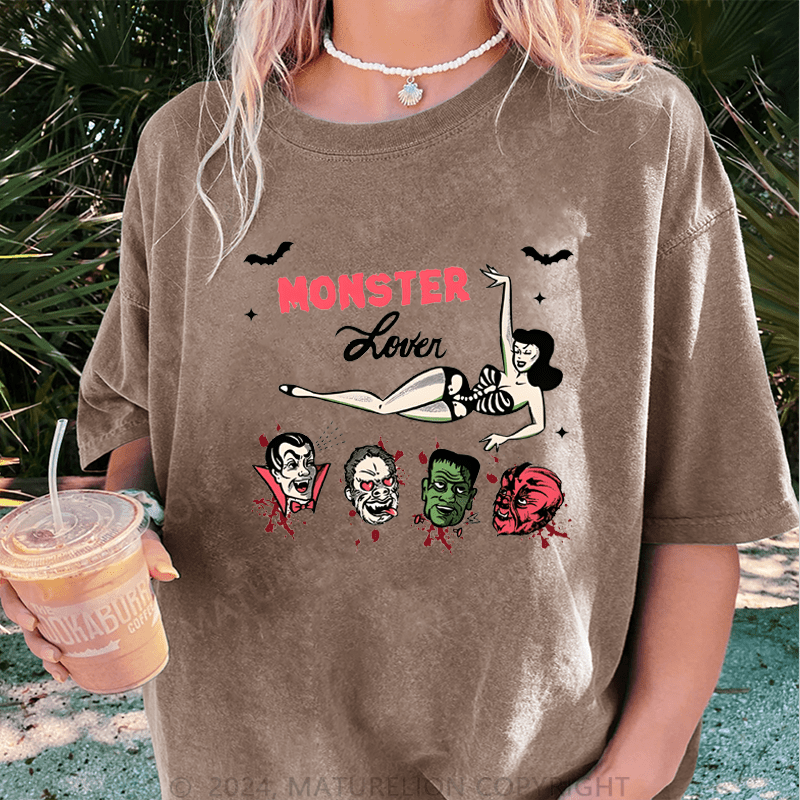 Maturelion Halloween Monster lover Halloween FUNNY DTG Printing Washed Cotton T-Shirt