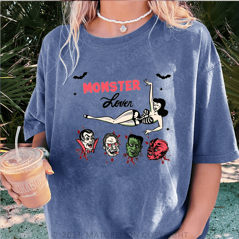 Maturelion Halloween Monster lover Halloween FUNNY DTG Printing Washed Cotton T-Shirt