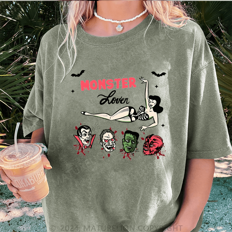 Maturelion Halloween Monster lover Halloween FUNNY DTG Printing Washed Cotton T-Shirt