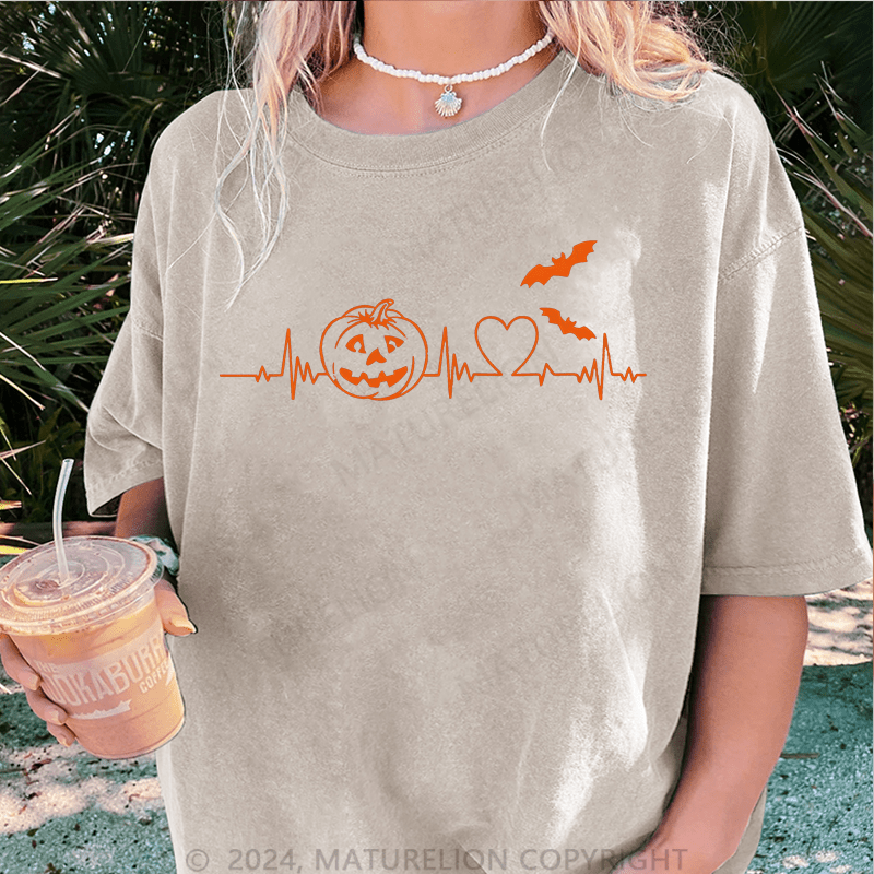 Maturelion Halloween Pumpkin Heartbeat Halloween DTG Printing Washed Cotton T-Shirt