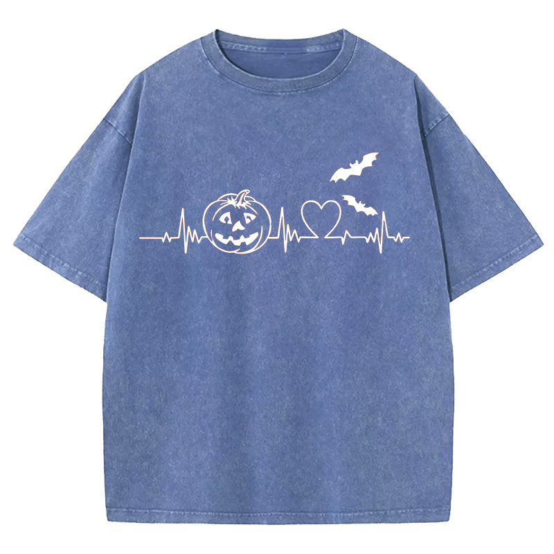 Maturelion Halloween Pumpkin Heartbeat Halloween DTG Printing Washed Cotton T-Shirt
