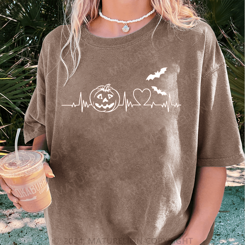 Maturelion Halloween Pumpkin Heartbeat Halloween DTG Printing Washed Cotton T-Shirt
