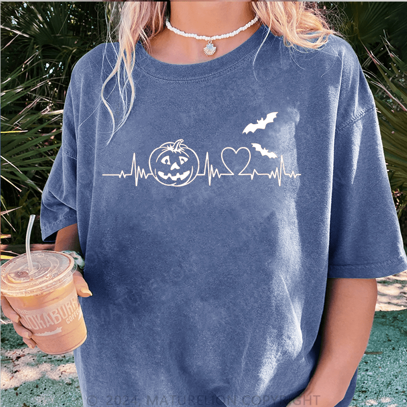 Maturelion Halloween Pumpkin Heartbeat Halloween DTG Printing Washed Cotton T-Shirt