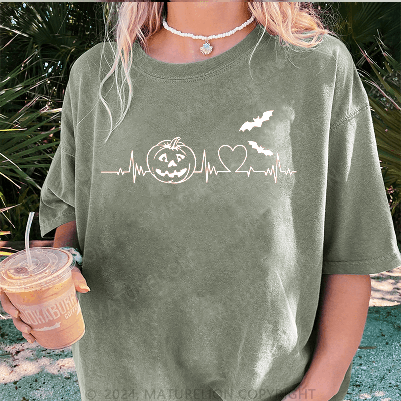 Maturelion Halloween Pumpkin Heartbeat Halloween DTG Printing Washed Cotton T-Shirt