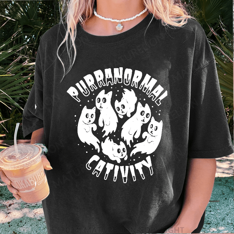 Maturelion Halloween Purranormal Cativity Funny DTG Printing Washed Cotton T-Shirt