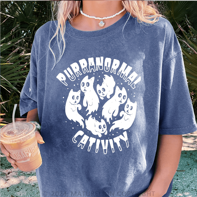 Maturelion Halloween Purranormal Cativity Funny DTG Printing Washed Cotton T-Shirt