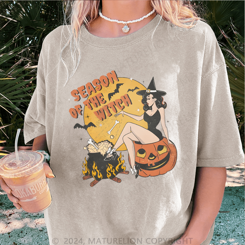Maturelion Halloween Season Of The Witch Halloween DTG Printing Washed Cotton T-Shirt
