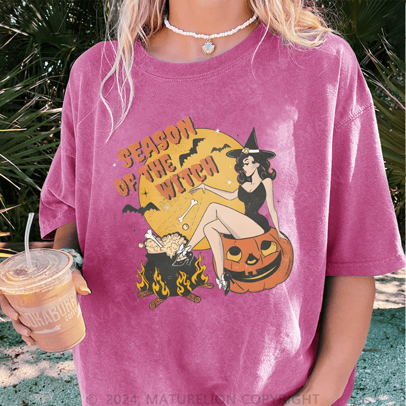 Maturelion Halloween Season Of The Witch Halloween DTG Printing Washed Cotton T-Shirt