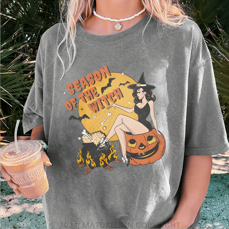 Maturelion Halloween Season Of The Witch Halloween DTG Printing Washed Cotton T-Shirt