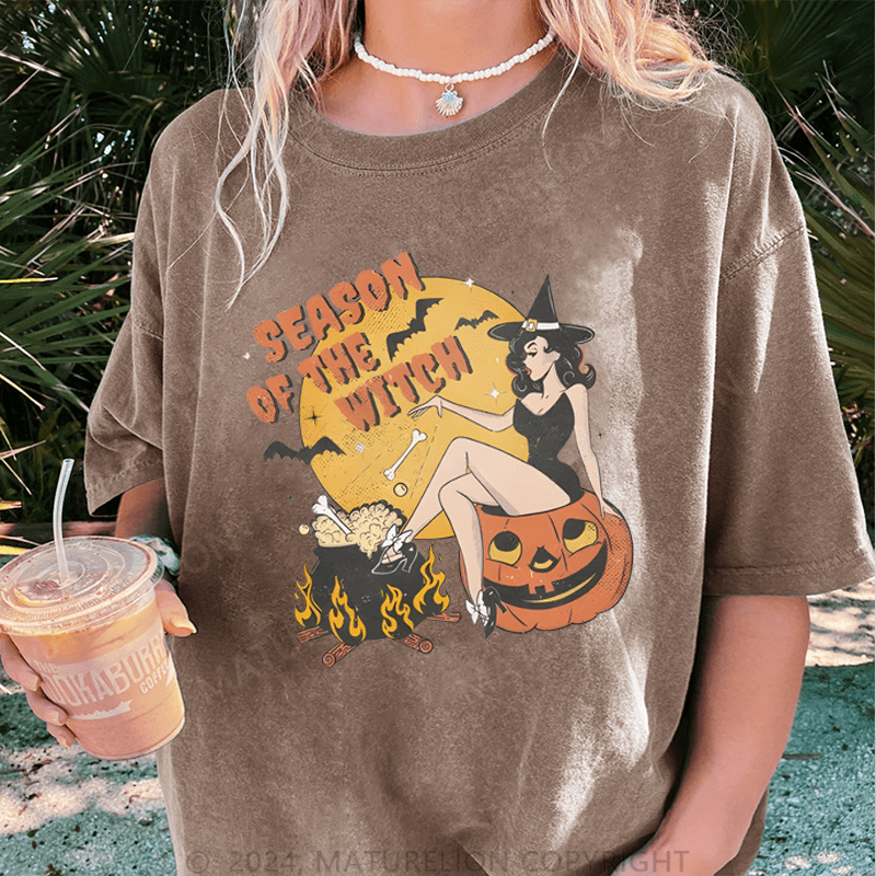 Maturelion Halloween Season Of The Witch Halloween DTG Printing Washed Cotton T-Shirt