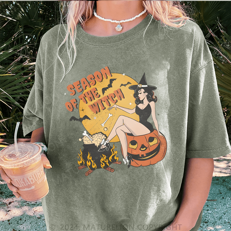 Maturelion Halloween Season Of The Witch Halloween DTG Printing Washed Cotton T-Shirt