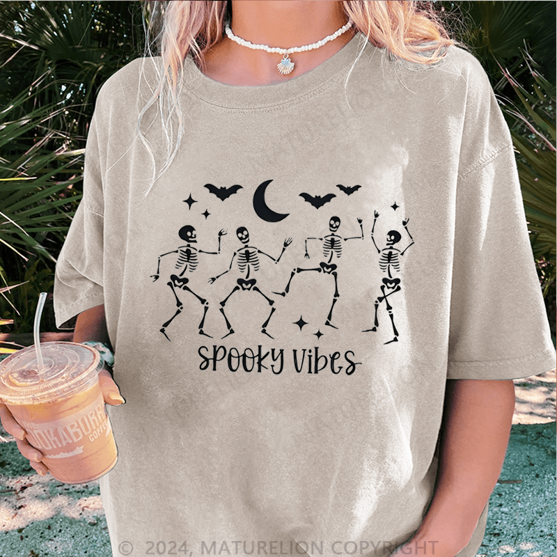 Maturelion Halloween Spooky Vibes Halloween Funny DTG Printing Washed Cotton T-Shirt