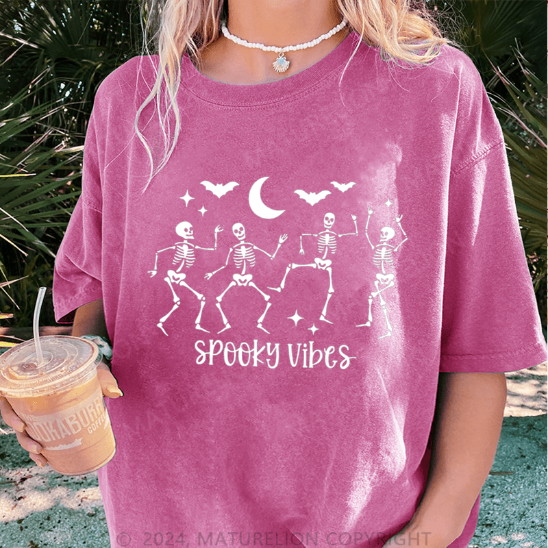Maturelion Halloween Spooky Vibes Halloween Funny DTG Printing Washed Cotton T-Shirt