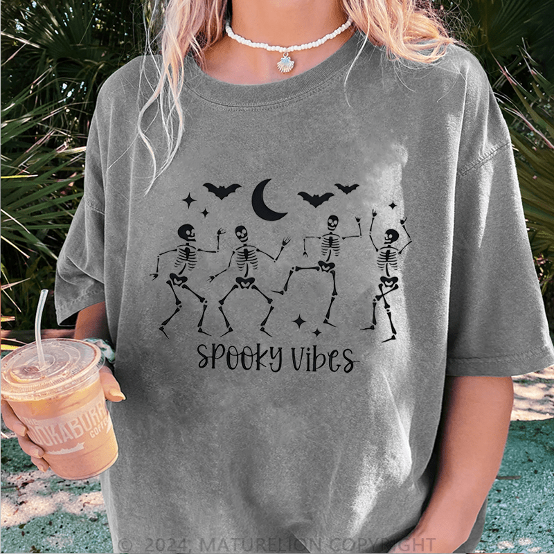 Maturelion Halloween Spooky Vibes Halloween Funny DTG Printing Washed Cotton T-Shirt