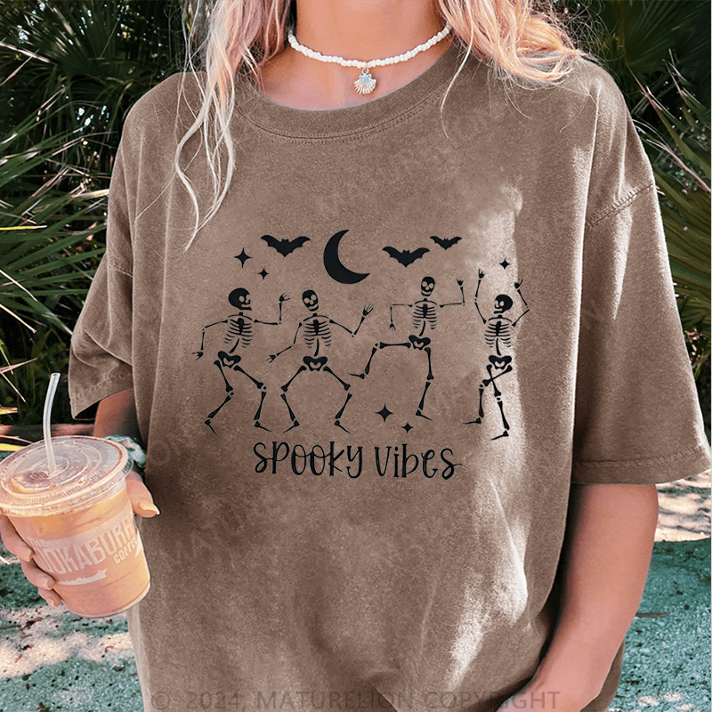 Maturelion Halloween Spooky Vibes Halloween Funny DTG Printing Washed Cotton T-Shirt