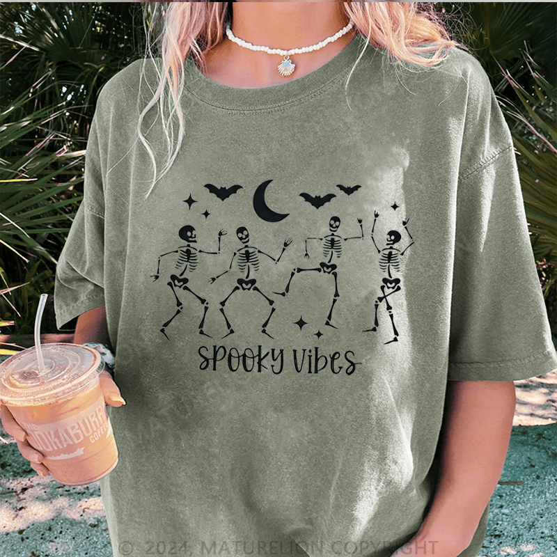 Maturelion Halloween Spooky Vibes Halloween Funny DTG Printing Washed Cotton T-Shirt