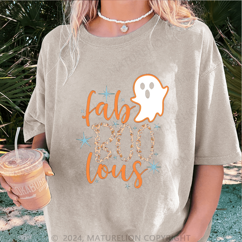 Maturelion Halloween Super Cute Fab BOO Lous, Leopard Halloween DTG Printing Washed Cotton T-Shirt