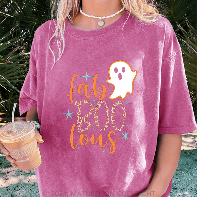 Maturelion Halloween Super Cute Fab BOO Lous, Leopard Halloween DTG Printing Washed Cotton T-Shirt