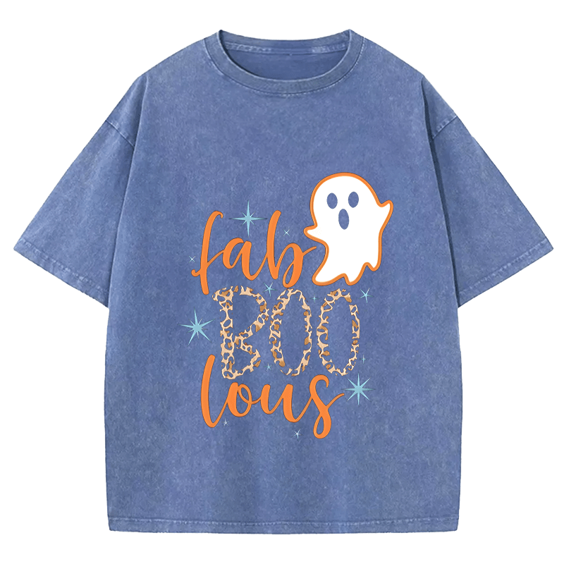 Maturelion Halloween Super Cute Fab BOO Lous, Leopard Halloween DTG Printing Washed Cotton T-Shirt