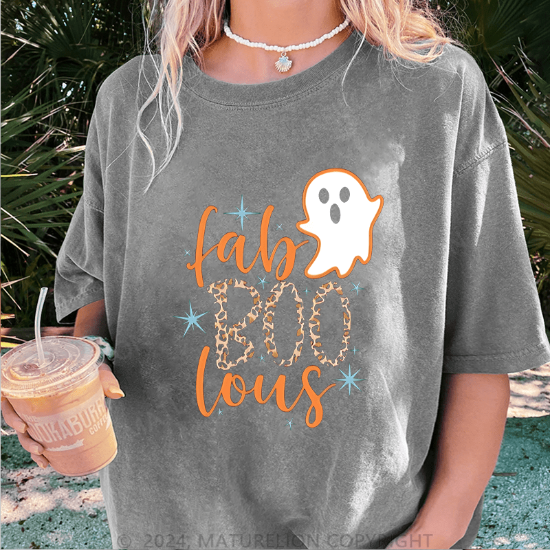 Maturelion Halloween Super Cute Fab BOO Lous, Leopard Halloween DTG Printing Washed Cotton T-Shirt