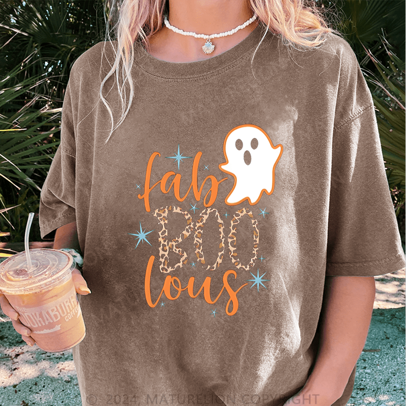 Maturelion Halloween Super Cute Fab BOO Lous, Leopard Halloween DTG Printing Washed Cotton T-Shirt