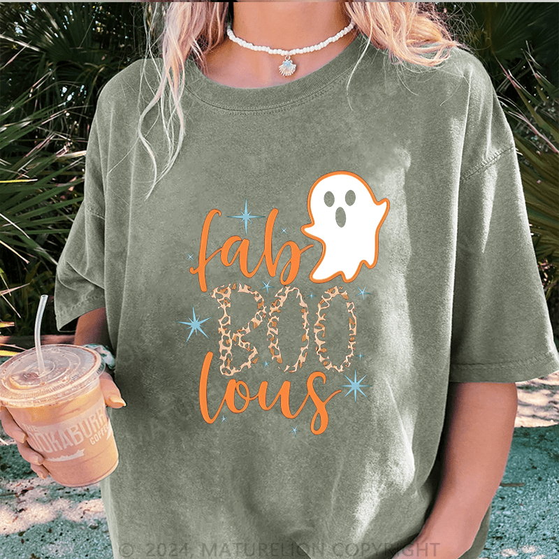 Maturelion Halloween Super Cute Fab BOO Lous, Leopard Halloween DTG Printing Washed Cotton T-Shirt