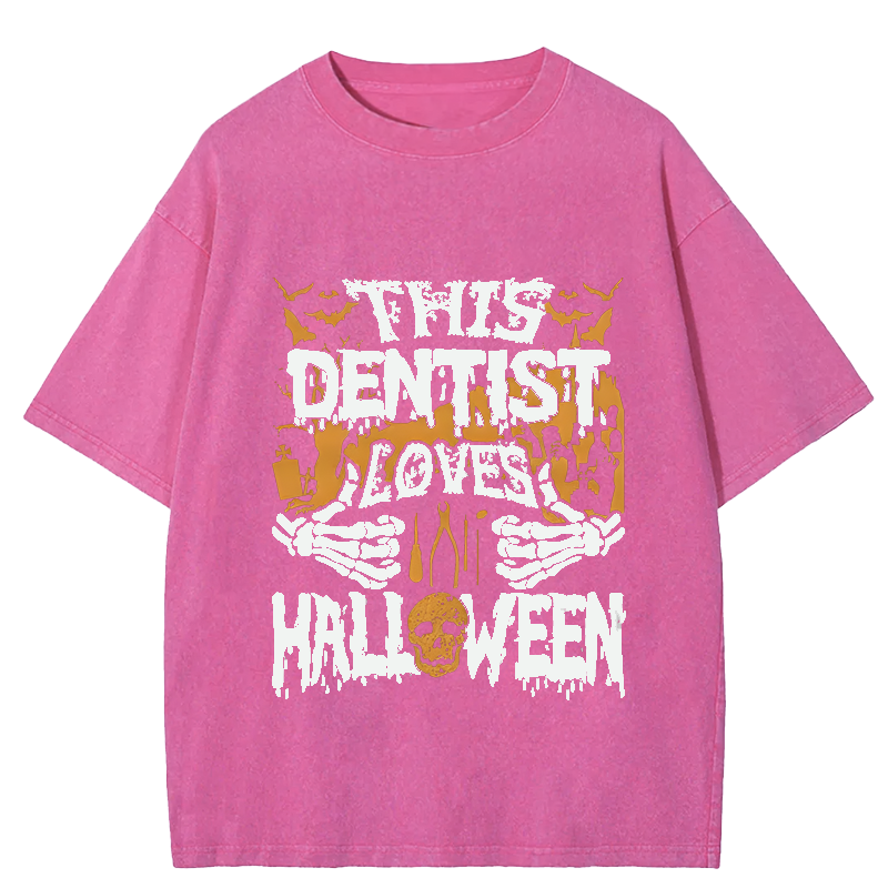 Maturelion Halloween This Dentist Loves Halloween DTG Printing Washed Cotton T-Shirt