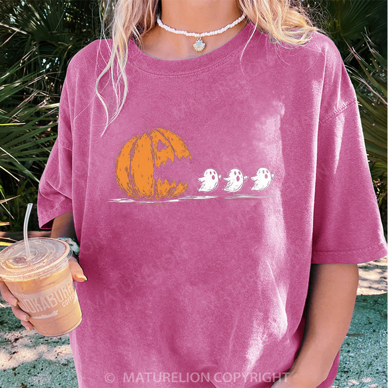 Maturelion Women's T-shirt Pumpkin Eat Ghost DTG Washed T-shirt