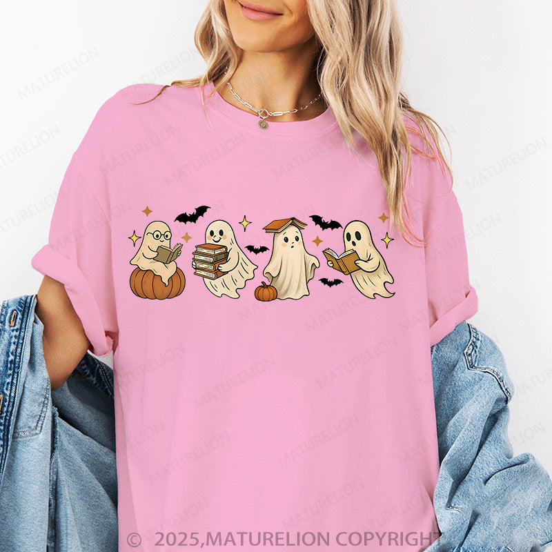 Maturelion Women's T-shirt Vintage Halloween Ghost Reading Books Cotton T-shirt