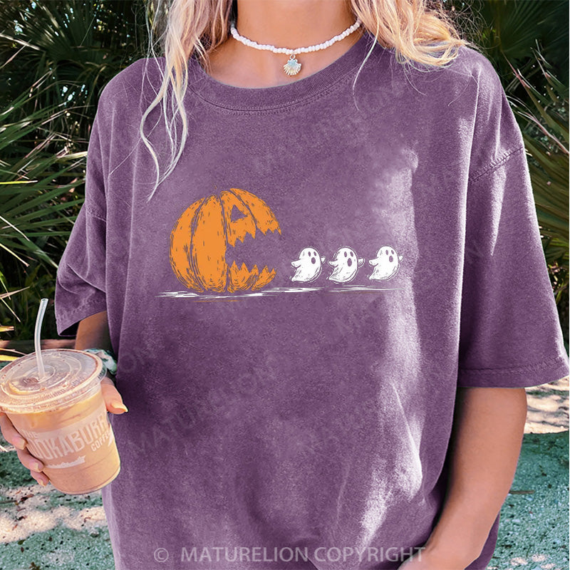 Maturelion Women's T-shirt Pumpkin Eat Ghost DTG Washed T-shirt