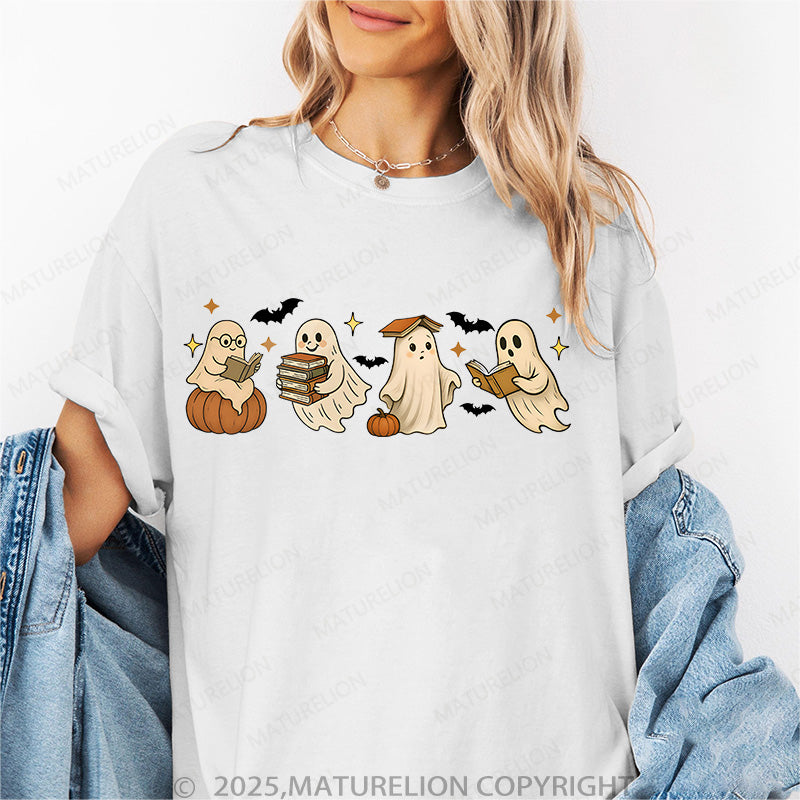 Maturelion Women's T-shirt Vintage Halloween Ghost Reading Books Cotton T-shirt