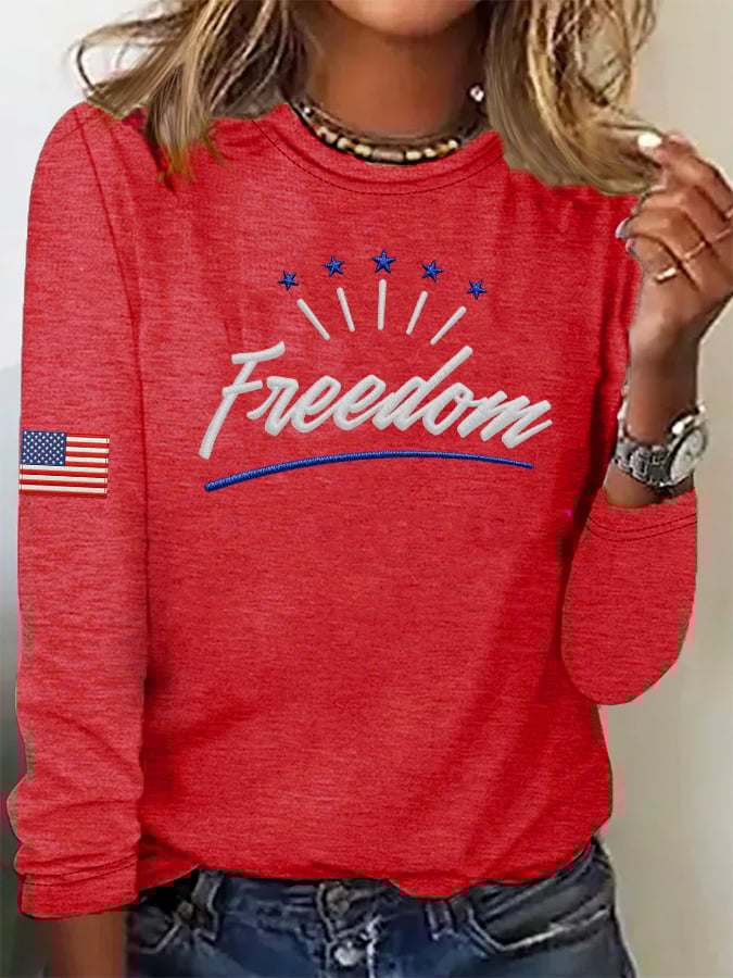 Women's Casual Freedom Flag Contrast Color Cotton Long-Sleeved T-Shirt