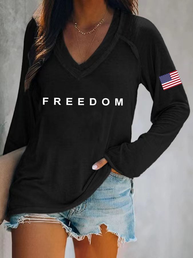 Women's Freedom American Flag Print Casual T-Shirt