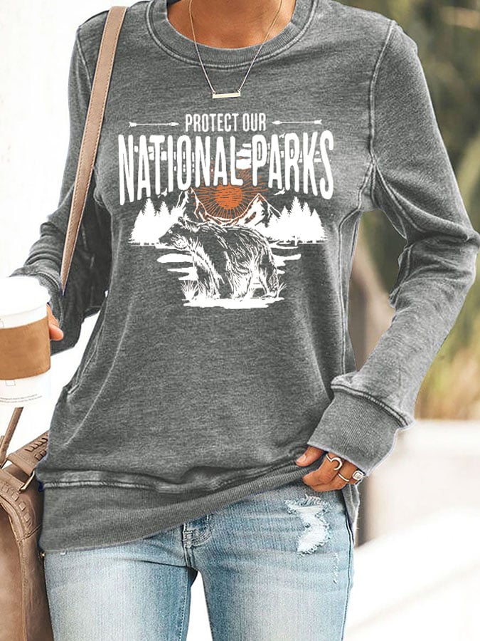 Women's Protect Our National Parks Print Round Neck Sweatshirt