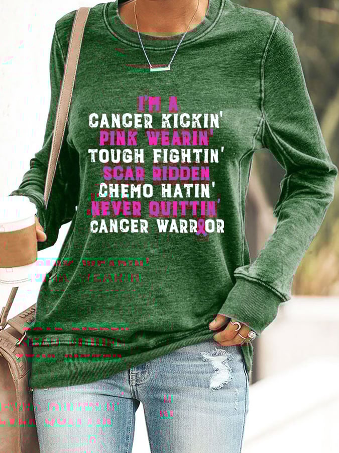 Breast Cancer Awareness Cancer Kickin' Chemo Hatin' Warrior Print Sweatshirt