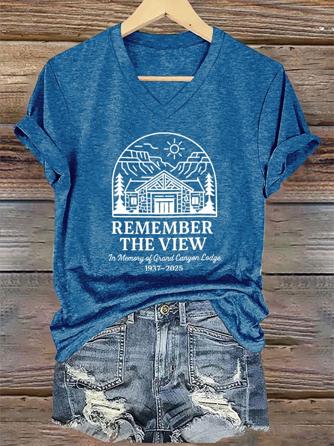 V-Neck Retro Remember The View In Memory Of Grand Canyon Lodge 1937-2025 Print T-Shirt