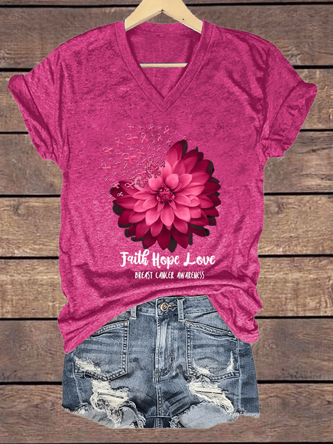 Women's Daisy Faith Pink Ribbon Breast Cancer Awareness Print V Neck Short Sleeve T-Shirt