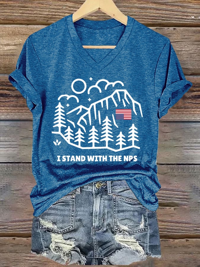 V-neck Retro I Stand With The NPS National Park Support Print T-Shirt