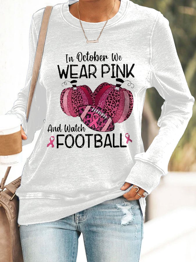 Retro Breast Cancer Awareness In October We Wear Pink And Watch Football Leopard Print Sweatshirt