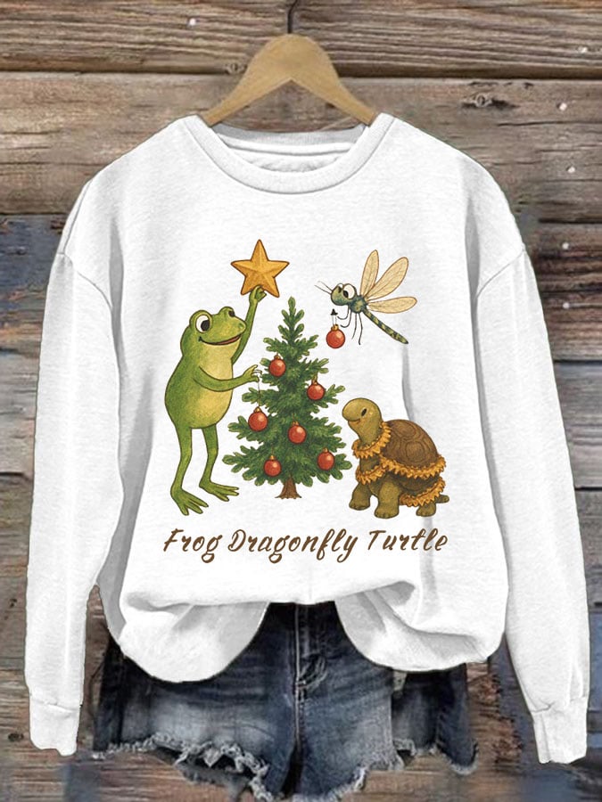 Women's Frog Dragonfly Turtle Printed Round Neck Sweatshirt