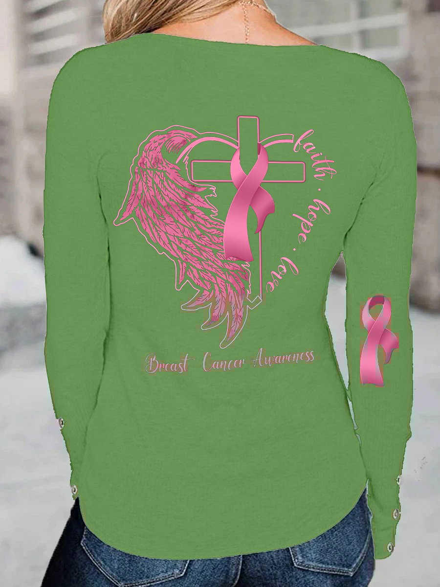 Breast Cancer Awareness Faith Hope Love Print T-shirt